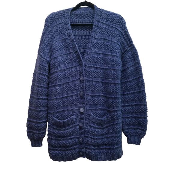 Aran Style Womens Cardigan Sweater Blue Wool Chunky Knit Long Pockets Fits Sz L - Picture 1 of 13
